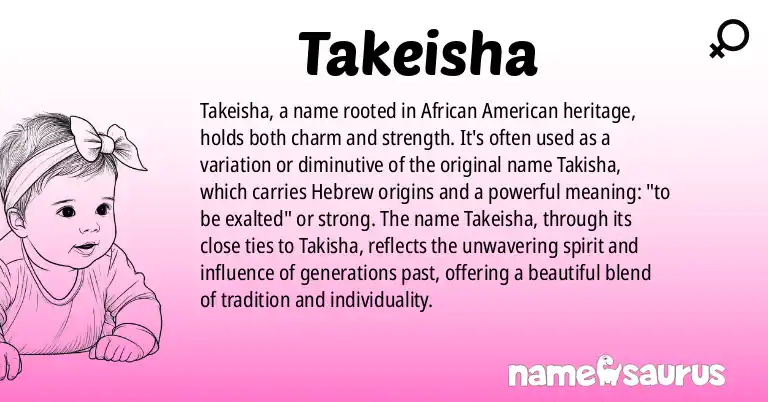 Infographic about Takeisha name meaning, Takeisha is a name from African American origin(s).