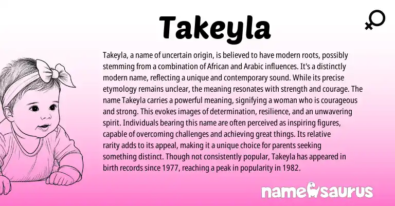 Infographic about Takeyla name meaning, Takeyla is a name from African, Arabic origin(s).