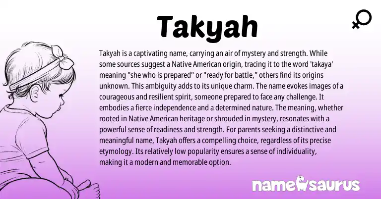 Infographic about Takyah name meaning, Takyah is a name from American origin(s).