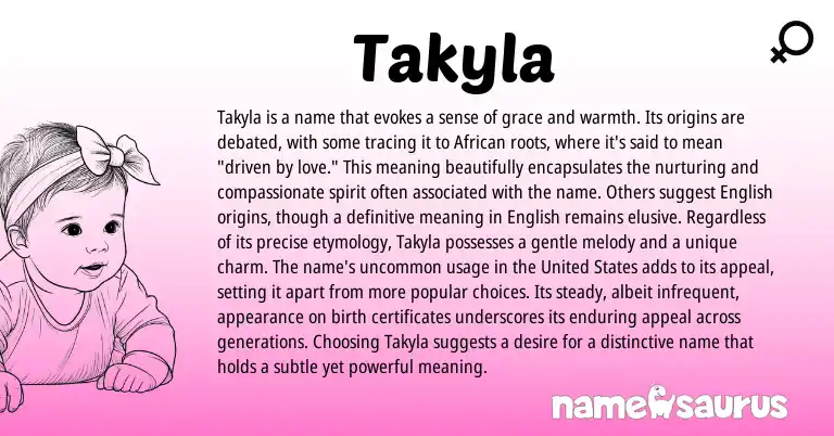 Infographic about Takyla name meaning, Takyla is a name from African origin(s).
