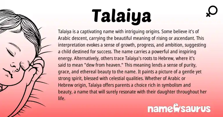 Infographic about Talaiya name meaning, Talaiya is a name from Arabic, American origin(s).