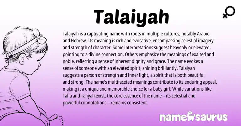 Infographic about Talaiyah name meaning, Talaiyah is a name from Arabic origin(s).