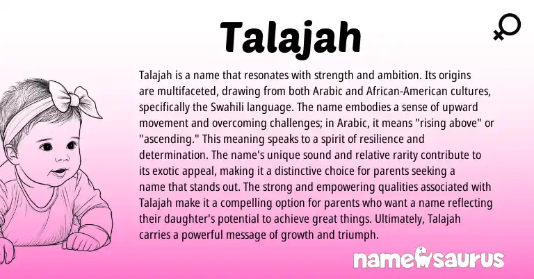 Infographic about Talajah name meaning, Talajah is a name from Arabic origin(s).