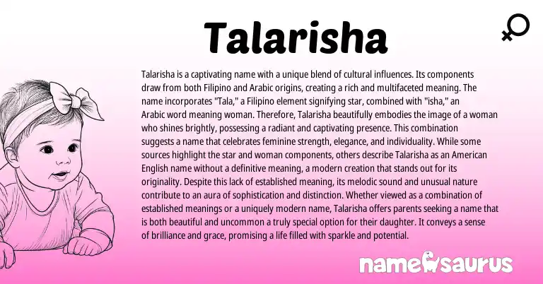 Infographic about Talarisha name meaning, Talarisha is a name from Filipino, Arabic origin(s).