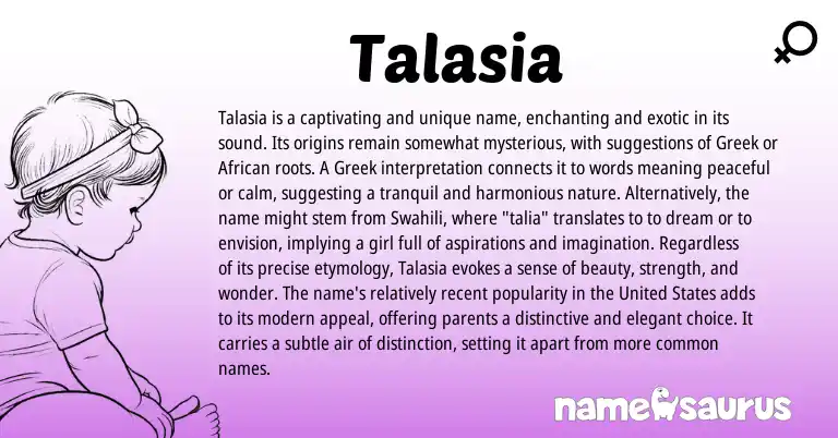Infographic about Talasia name meaning, Talasia is a name from Greek, African, Swahili origin(s).