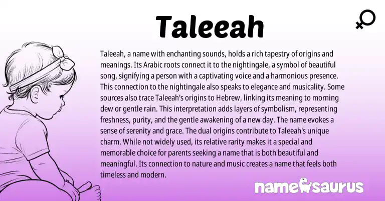 Infographic about Taleeah name meaning, Taleeah is a name from Arabic origin(s).