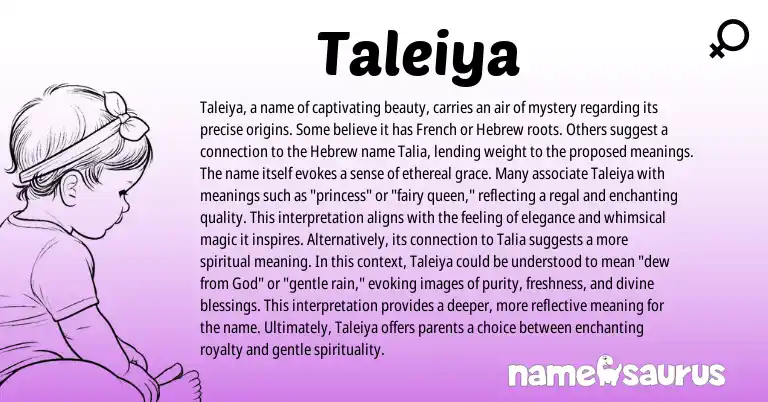 Infographic about Taleiya name meaning, Taleiya is a name from French, Hebrew origin(s).