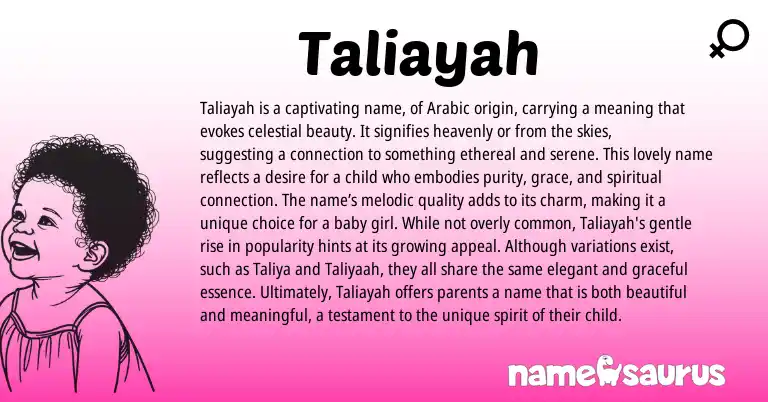 Infographic about Taliayah name meaning, Taliayah is a name from Arabic origin(s).