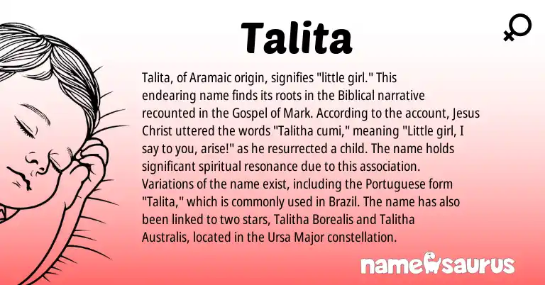 Infographic about Talita name meaning, Talita is a name from Aramaic, Portuguese origin(s).