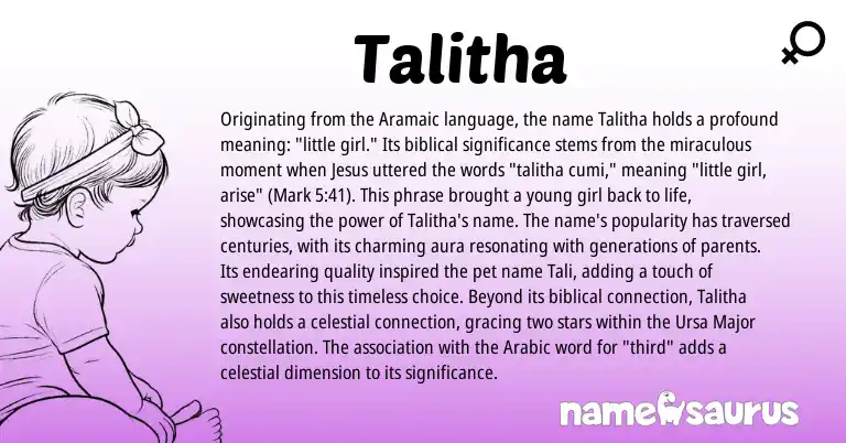 Infographic about Talitha name meaning, Talitha is a name from Aramaic, Arabic origin(s).