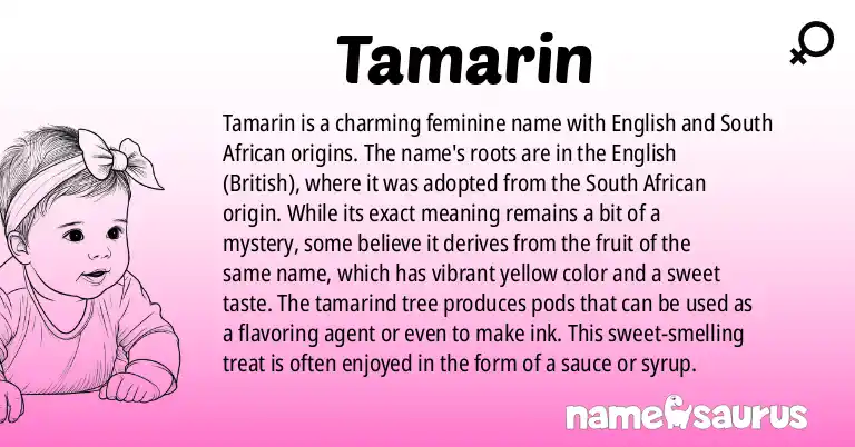 Infographic about Tamarin name meaning, Tamarin is a name from English (British), South African origin(s).