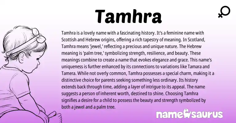 Infographic about Tamhra name meaning, Tamhra is a name from Scottish, Hebrew, Arabic origin(s).