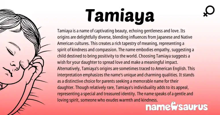 Infographic about Tamiaya name meaning, Tamiaya is a name from Japanese, American origin(s).