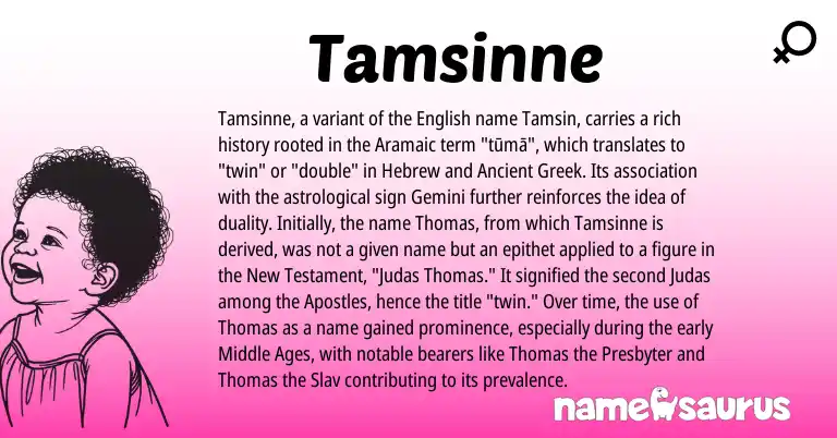 Infographic about Tamsinne name meaning, Tamsinne is a name from Aramaic, English, Hebrew, Ancient Greek origin(s).