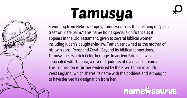 Infographic about Tamusya name meaning, Tamusya is a name from Celtic, Hebrew, England origin(s).
