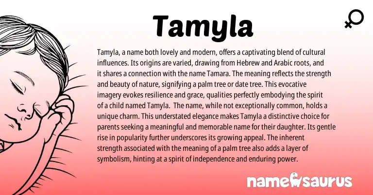 Infographic about Tamyla name meaning, Tamyla is a name from Hebrew, Russian origin(s).