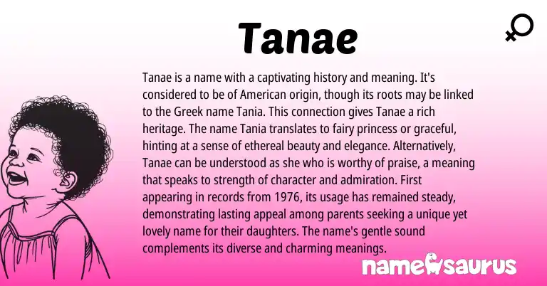 Infographic about Tanae name meaning, Tanae is a name from United States, Greek origin(s).