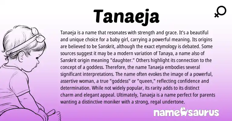 Infographic about Tanaeja name meaning, Tanaeja is a name from Sanskrit origin(s).