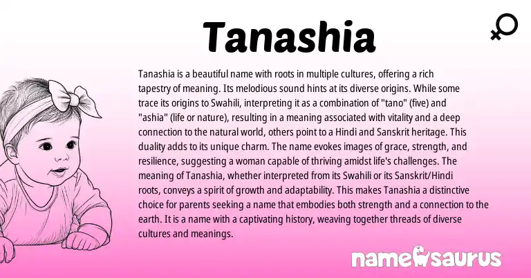 Infographic about Tanashia name meaning, Tanashia is a name from Swahili, American origin(s).
