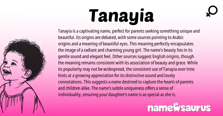 Infographic about Tanayia name meaning, Tanayia is a name from Arabic, American origin(s).