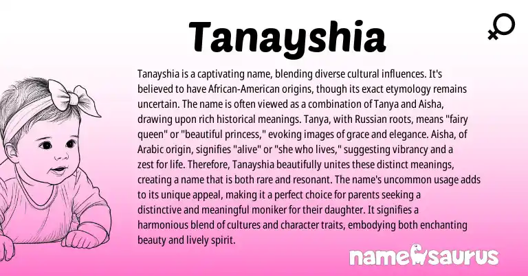 Infographic about Tanayshia name meaning, Tanayshia is a name from Russian, Arabic origin(s).
