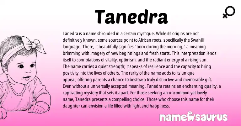 Infographic about Tanedra name meaning, Tanedra is a name from African, Swahili origin(s).