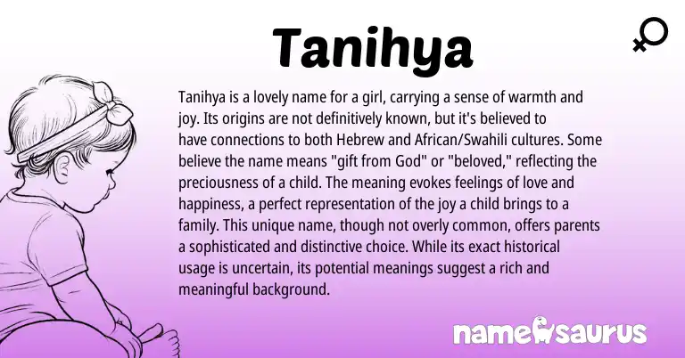 Infographic about Tanihya name meaning, Tanihya is a name from Hebrew origin(s).