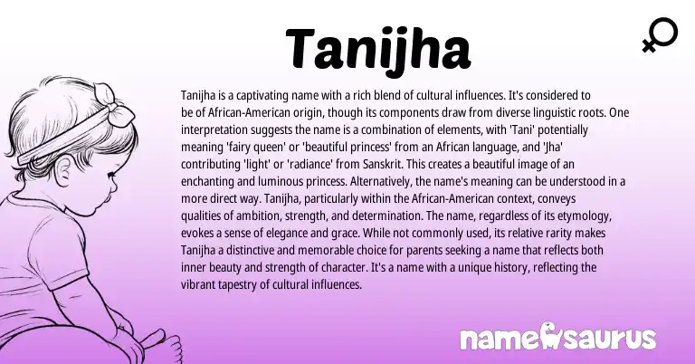 Infographic about Tanijha name meaning, Tanijha is a name from African, Sanskrit origin(s).