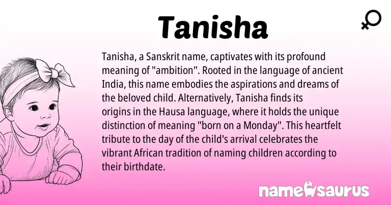 Infographic about Tanisha name meaning, Tanisha is a name from Sanskrit, African, Hausa origin(s).