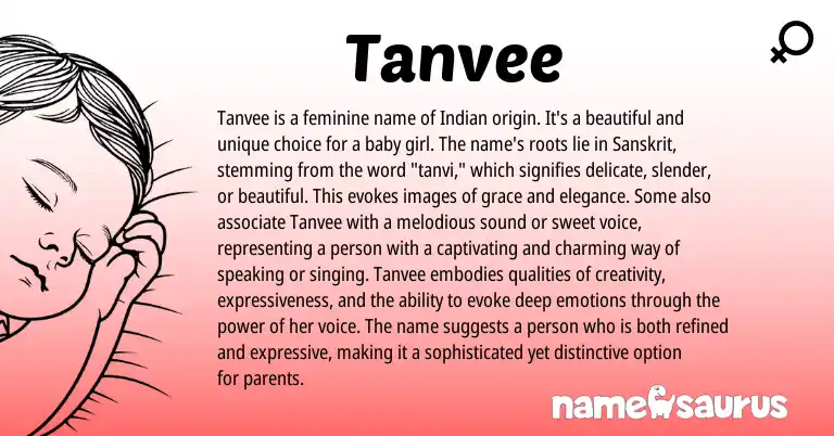 Infographic about Tanvee name meaning, Tanvee is a name from Indian origin(s).