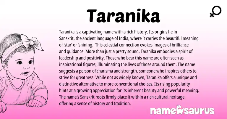Infographic about Taranika name meaning, Taranika is a name from Sanskrit origin(s).