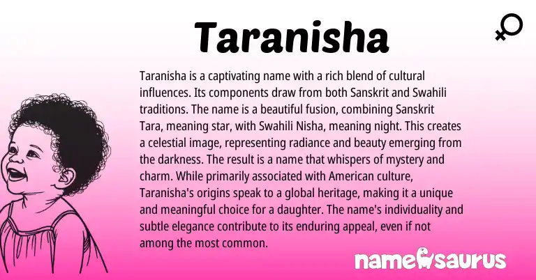 Infographic about Taranisha name meaning, Taranisha is a name from Swahili, Sanskrit origin(s).