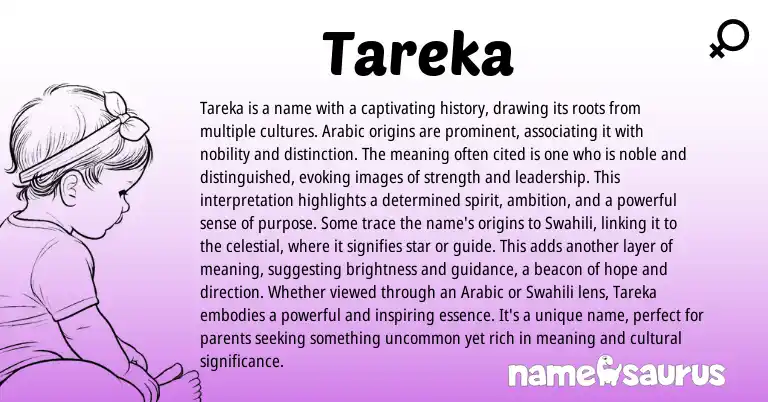 Infographic about Tareka name meaning, Tareka is a name from Arabic origin(s).