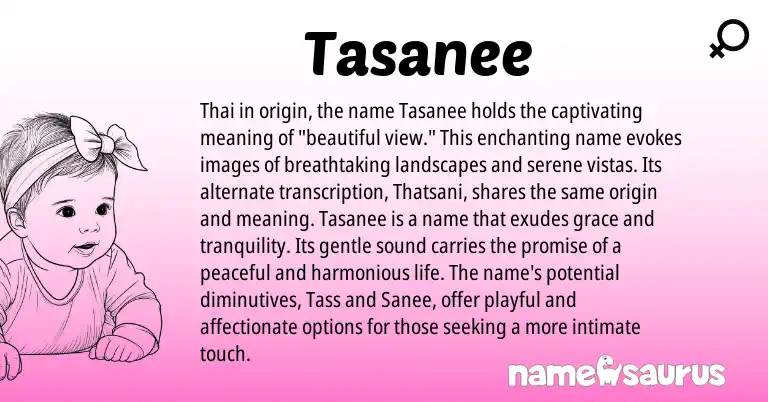 Infographic about Tasanee name meaning, Tasanee is a name from Thai origin(s).