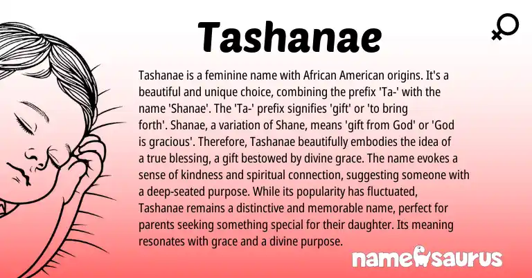 Infographic about Tashanae name meaning, Tashanae is a name from American, African origin(s).