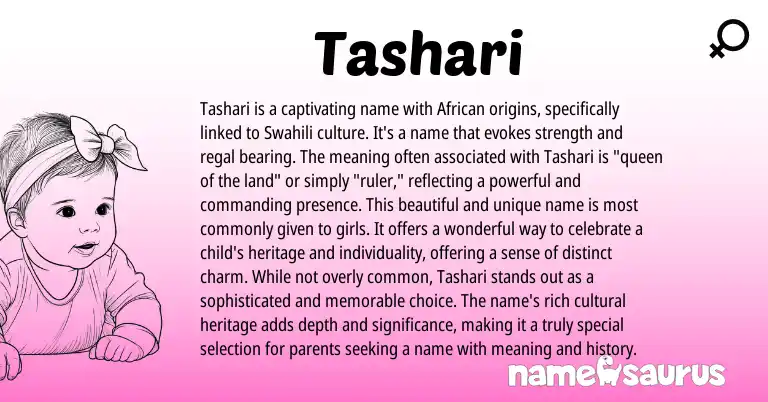 Infographic about Tashari name meaning, Tashari is a name from African, Swahili origin(s).
