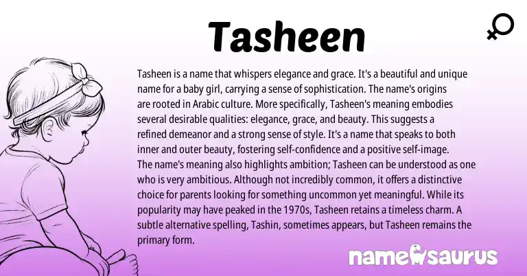 Infographic about Tasheen name meaning, Tasheen is a name from Arabic origin(s).