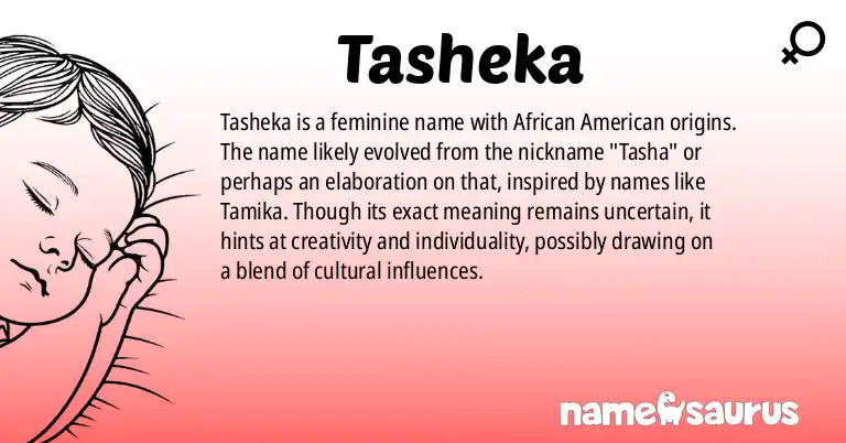 Infographic about Tasheka name meaning, Tasheka is a name from African American origin(s).