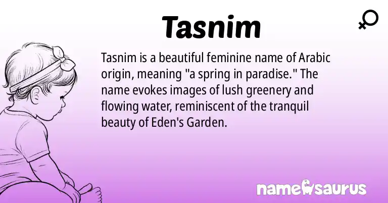 Infographic about Tasnim name meaning, Tasnim is a name from Arabic origin(s).
