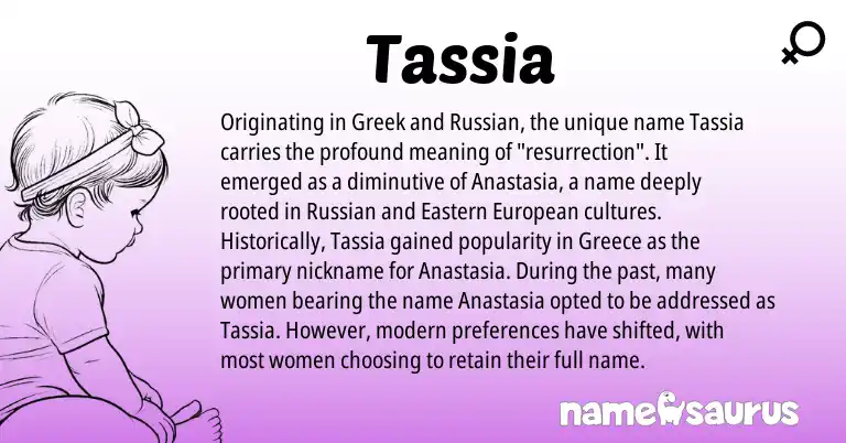 Infographic about Tassia name meaning, Tassia is a name from Russian, Greece, Eastern European, Greek origin(s).