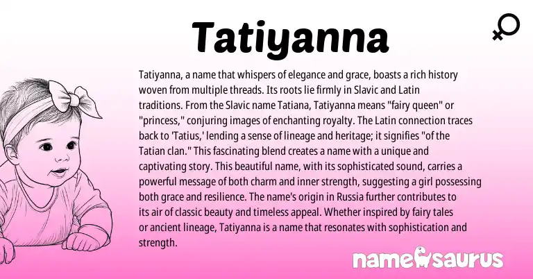 Infographic about Tatiyanna name meaning, Tatiyanna is a name from Latin, Slavic, American origin(s).