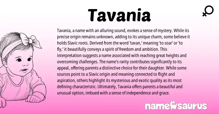 Infographic about Tavania name meaning, Tavania is a name from Slavic, American origin(s).