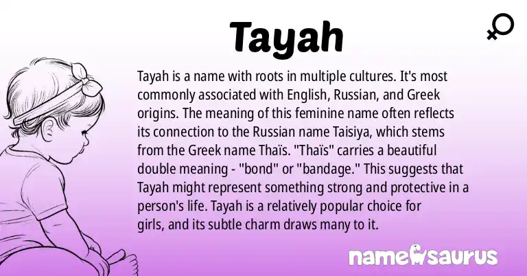 Infographic about Tayah name meaning, Tayah is a name from English, Russian, Greek origin(s).