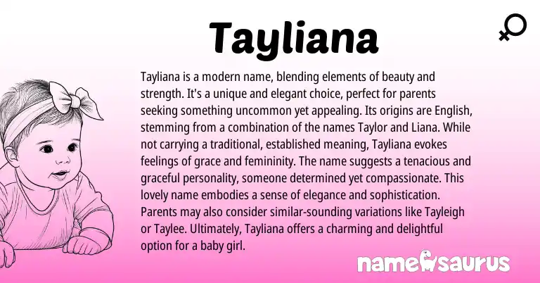Infographic about Tayliana name meaning, Tayliana is a name from American origin(s).