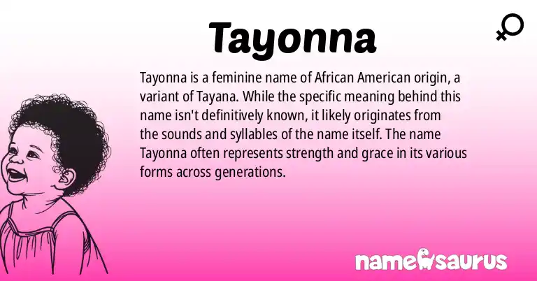 Infographic about Tayonna name meaning, Tayonna is a name from African American origin(s).