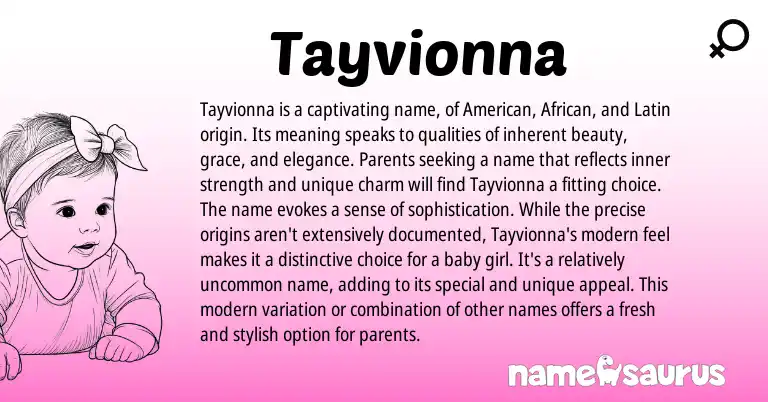 Infographic about Tayvionna name meaning, Tayvionna is a name from American, African, Latin origin(s).