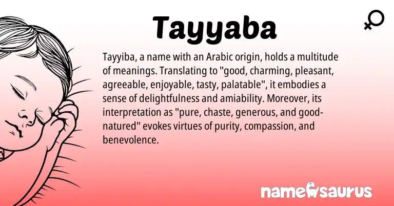 Infographic about Tayyaba name meaning, Tayyaba is a name from Arabic origin(s).