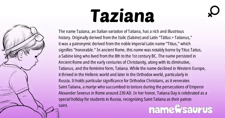 Infographic about Taziana name meaning, Taziana is a name from Christianity, Latin, Ancient Rome, Italian origin(s).
