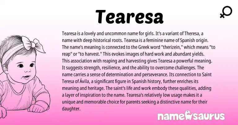 Infographic about Tearesa name meaning, Tearesa is a name from Greek, Spanish origin(s).