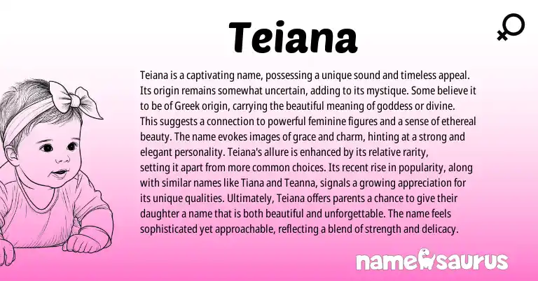 Infographic about Teiana name meaning, Teiana is a name from Greek origin(s).